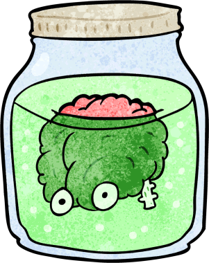 Bir insan tarafından çizilmiş kavanozda yüzen karikatür hayaleti beyni.