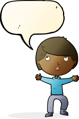 Bir insan tarafından çizilmiş konuşma balonu olan mutlu bir çocuk.