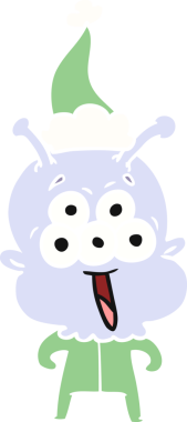 Bir insan tarafından çizilmiş Noel Baba şapkası giyen bir uzaylının çizilmiş mutlu el çizimi.