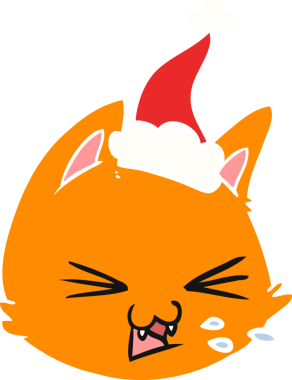 Bir insan tarafından çizilmiş Noel Baba şapkası giymiş kedi suratının düz bir çizimi.
