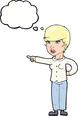 Bir insan tarafından çizilmiş düşünce baloncuğuyla suçlanan çizgi film kadını.