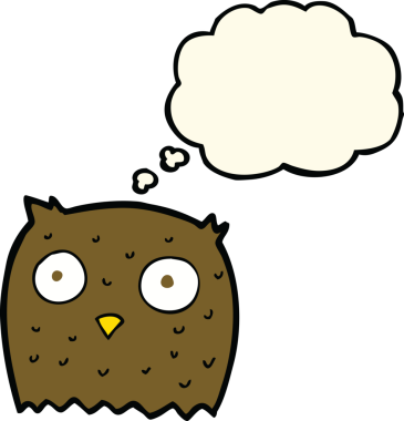 Bir insan tarafından çizilmiş düşünce baloncuklu çizgi film baykuşu