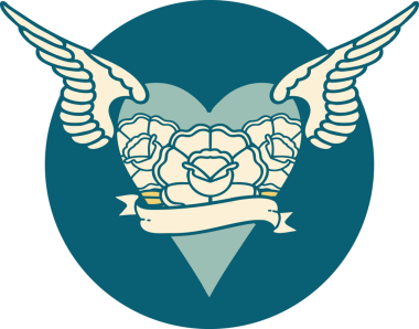 Bir insan tarafından çizilmiş çiçek ve bayrak ile uçan bir kalbin ikonik dövme görüntüsü