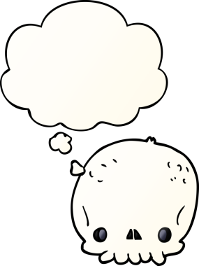 Bir insan tarafından çizilmiş, düşünce baloncuklu karikatür kafatası