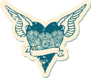 Bir insan tarafından çizilmiş çiçek ve pankartıyla uçan bir kalbin sembolik dövmeli resmi.