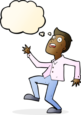 Bir insan tarafından çizilen düşünce baloncuğuyla panikleyen çizgi film adamı.