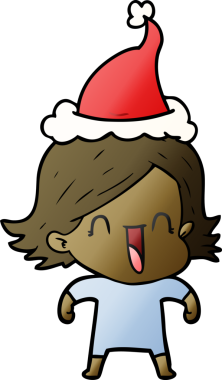 Bir insan tarafından çizilmiş Noel Baba şapkası giyen mutlu bir kadının el çizimi karikatürü.