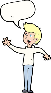 Bir insan tarafından çizilmiş konuşma baloncuğuyla el sallayan çizgi film adamı.