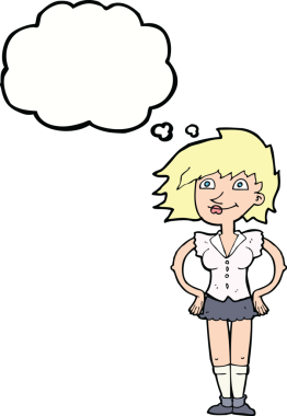 Bir insan tarafından çizilmiş düşünce baloncuğu olan elleri kalçasında çizgi film kadını.