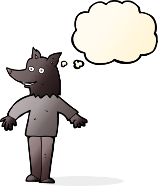 Bir insan tarafından çizilmiş düşünce baloncuğu olan mutlu bir kurt adam.