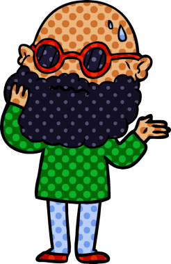 Bir insan tarafından çizilmiş sakallı ve güneş gözlüklü endişeli bir adam.