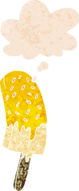 Düşünce baloncuğu ile çizgi film dondurma lolipop grunge sıkıntılı retro dokuma tarzı bir insan tarafından çizilmiş