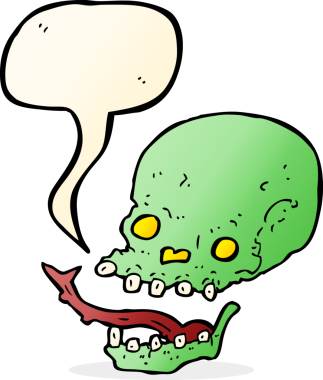 Bir insan tarafından çizilmiş konuşma baloncuğu olan karikatürümsü kafatası.