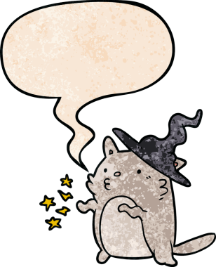 Bir insan tarafından çizilmiş geçmişe dönük konuşma baloncuğu olan büyüleyici çizgi film kedi sihirbazı.