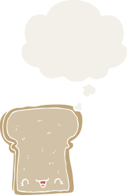 Bir insan tarafından çizilmiş düşünce baloncuklu tatlı bir ekmek dilimi.