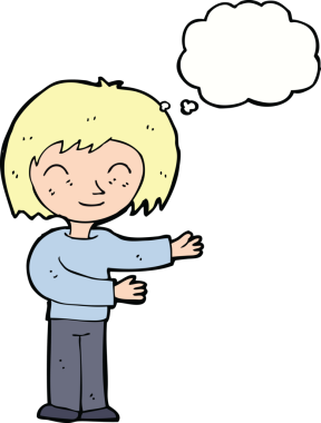 Bir insan tarafından çizilmiş düşünce balonuyla hoş geldin jestleri yapan karikatür kadını.