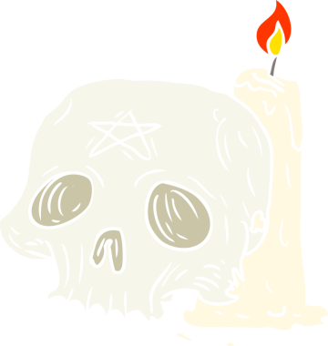 Düz renkli karikatür, ürkütücü kafatası ve bir insan tarafından çizilmiş mum.