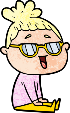 Bir insan tarafından çizilmiş gözlüklü mutlu kadın çizgi filmi.