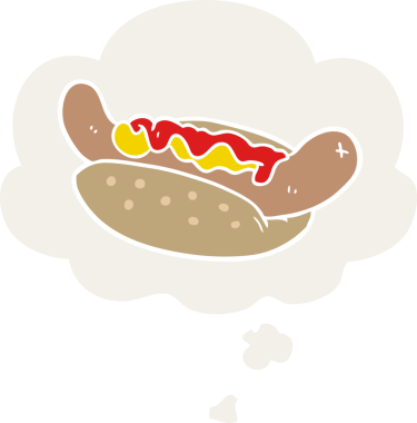 Düşünce baloncuklu çizgi film sosislisi insan tarafından çizilmiş.