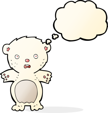 Bir insan tarafından çizilmiş düşünce baloncuklu korkmuş kutup ayısı çizgi filmi.