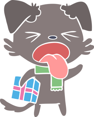 Düz renkli çizgi film. Bir insan tarafından çizilmiş yılbaşı hediyeli tiksindirici köpek.