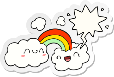 Mutlu karikatür bulutları ve gökkuşağı bir insan tarafından çizilmiş konuşma kabarcığı çıkartması.