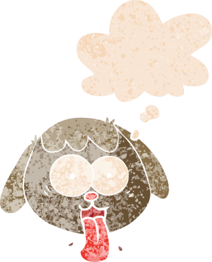 çizgi filmlerdeki köpek suratı, bir insan tarafından çizilmiş grunge 'daki düşünce baloncuğuyla nefes nefese.