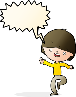 Bir insan tarafından çizilmiş konuşma balonuyla dans eden mutlu çocuk çizgi filmi.