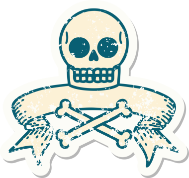 Bir insan tarafından çizilmiş kafatasının pankartıyla eski bir etiket.