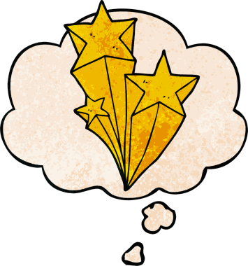 Bir insan tarafından çizilmiş grunge desenli düşünce baloncuğu olan çizgi film yıldızları kayıyor.