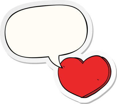 Bir insan tarafından çizilmiş konuşma kabarcığı çıkartmalı karikatür aşk kalbi.