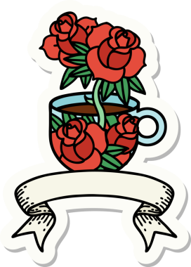 Bir fincanın pankartıyla dövme stili çıkartması ve bir insanın çizdiği çiçekler