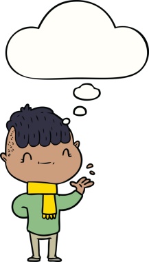 Bir insan tarafından çizilmiş düşünce kabarcığı olan çizgi film dostu çocuk.