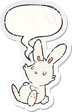 Tatlı çizgi film tavşanı konuşma baloncuğuyla uyuyor. Bir insan tarafından çizilmiş sıkıntılı eski bir çıkartma.