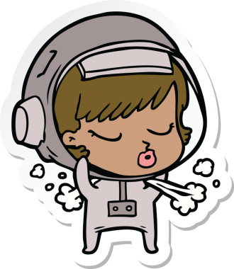 Çizgi film çıkartması. Güzel astronot kız. Bir insan tarafından çizilmiş uzay kaskını çıkarıyor.