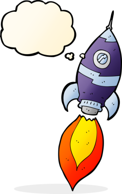 Bir insan tarafından çizilmiş düşünce baloncuklu bir uzay gemisi.