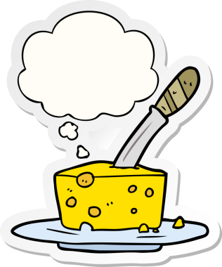 Düşünce baloncuklu çizgi film peyniri insan tarafından çizilmiş bir çıkartma gibi.