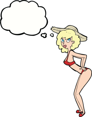 Bir insan tarafından çizilmiş düşünce balonlu plaj kızı.