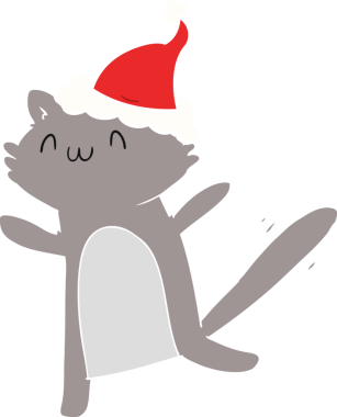 Bir insan tarafından çizilmiş Noel Baba şapkası takan dans eden bir kedinin düz renkli çizimi.