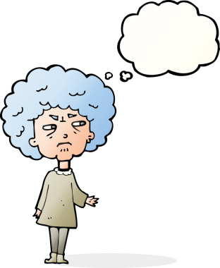Bir insan tarafından çizilmiş düşünce balonlu yaşlı kadın çizgi filmi.