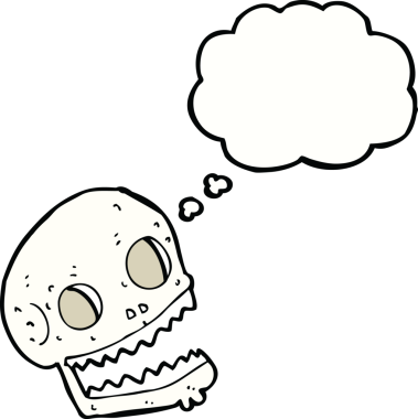 Bir insan tarafından çizilmiş düşünce baloncuklu garip kafatası.