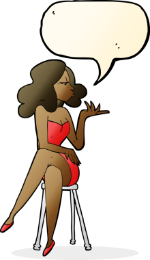 Bir insan tarafından çizilmiş bir konuşma balonuyla bar taburesinde oturan çizgi film kadını.