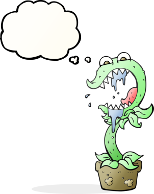 Bir insan tarafından çizilmiş serbest çizim düşünce kabarcığı etobur bitki.