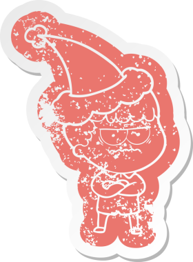 Bir insan tarafından çizilmiş Noel Baba şapkası giyen sinirli bir adamın garip bir karikatürü.