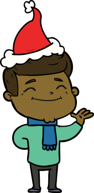 Bir insan tarafından çizilmiş Noel Baba şapkası takan bir adamın çizdiği mutlu el çizgisi.