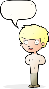 Bir insan tarafından çizilmiş konuşma balonu olan mutlu bir çocuk.