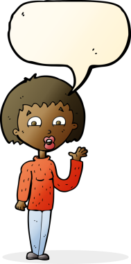 Bir insan tarafından çizilmiş bir konuşma balonuyla el sallayan çizgi film kadını.