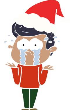 Bir insan tarafından çizilmiş Noel Baba şapkası giymiş ağlayan bir adamın düz renkli çizimi.