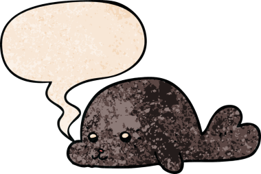 Bir insan tarafından çizilmiş eski moda konuşma baloncuklu bebek fok resmi.