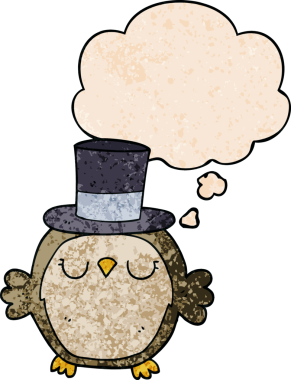 Bir insan tarafından çizilmiş grunge desenli düşünce baloncuklu silindir şapka giyen baykuş.